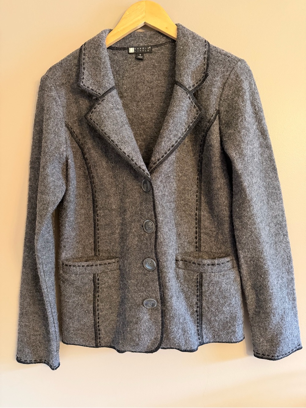 Carole Little 100% Boiled Wool Jacket Medium Gray Whipstitch Button Front Blazer